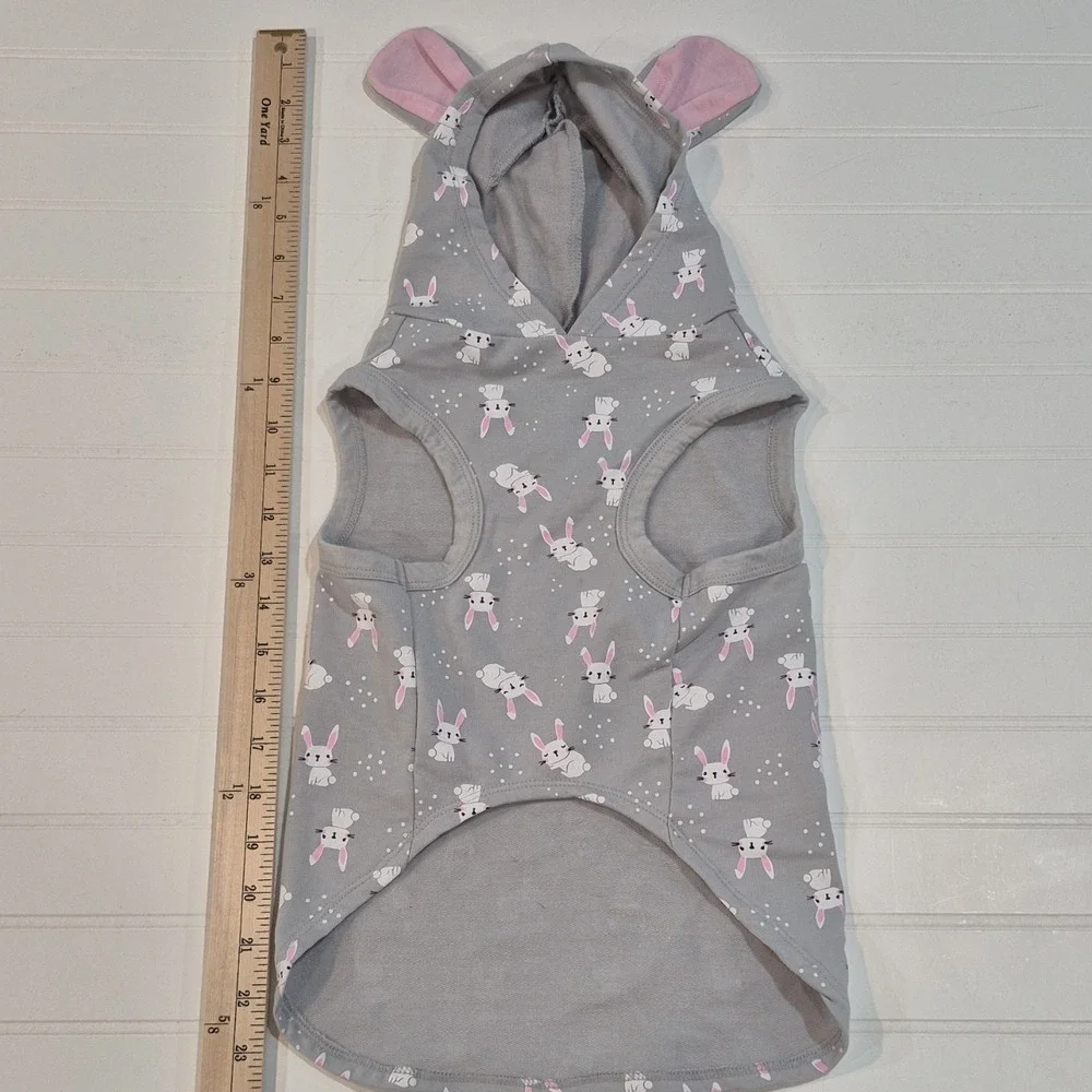 Large‎ Gray Bunny Print Dog Costume Hoodie Bunny Ears Leash Hole Cotton